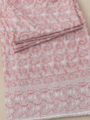 Cotton Lucknawi Embroidered Fabric — Peach