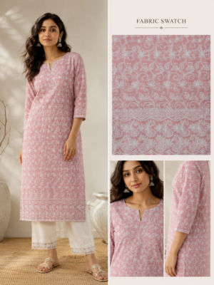 Cotton Lucknawi Embroidered Fabric — Peach