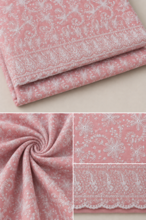 Cotton Lucknawi Embroidered Fabric — Peach