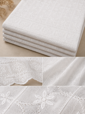 Blended Lucknawi embroidery fabric-White