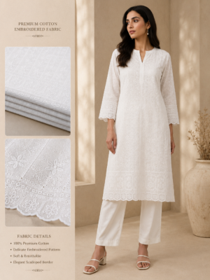 Blended Lucknawi embroidery fabric-White