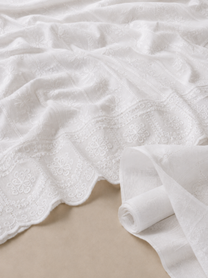 Blended Lucknawi embroidery fabric-White