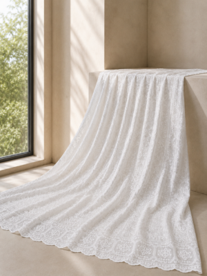 Blended Lucknawi embroidery fabric-White