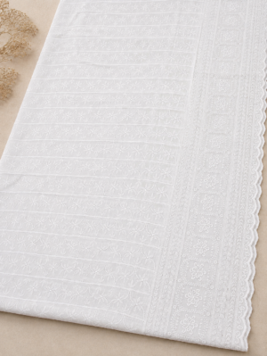 Blended Lucknawi embroidery fabric-White