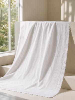 Blended Lucknawi embroidery fabric-White