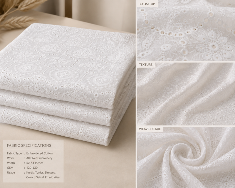 Blended Lucknawi Embroidery Fabric — White