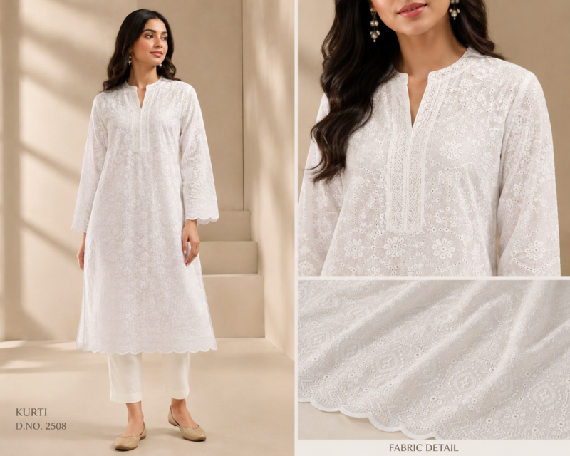 Blended Lucknawi Embroidery Fabric — White
