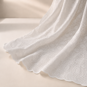 Blended Lucknawi embroidery fabric-White