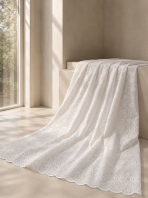 Blended Lucknawi embroidery fabric-White