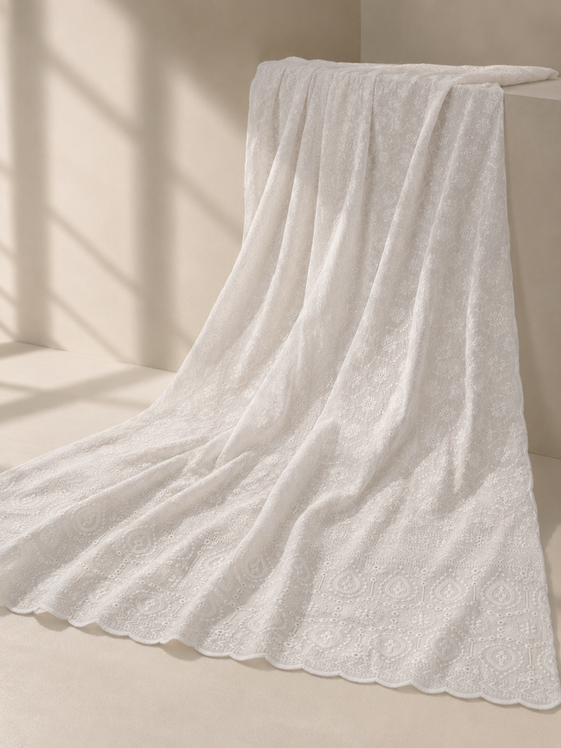Blended Lucknawi Embroidery Fabric — White