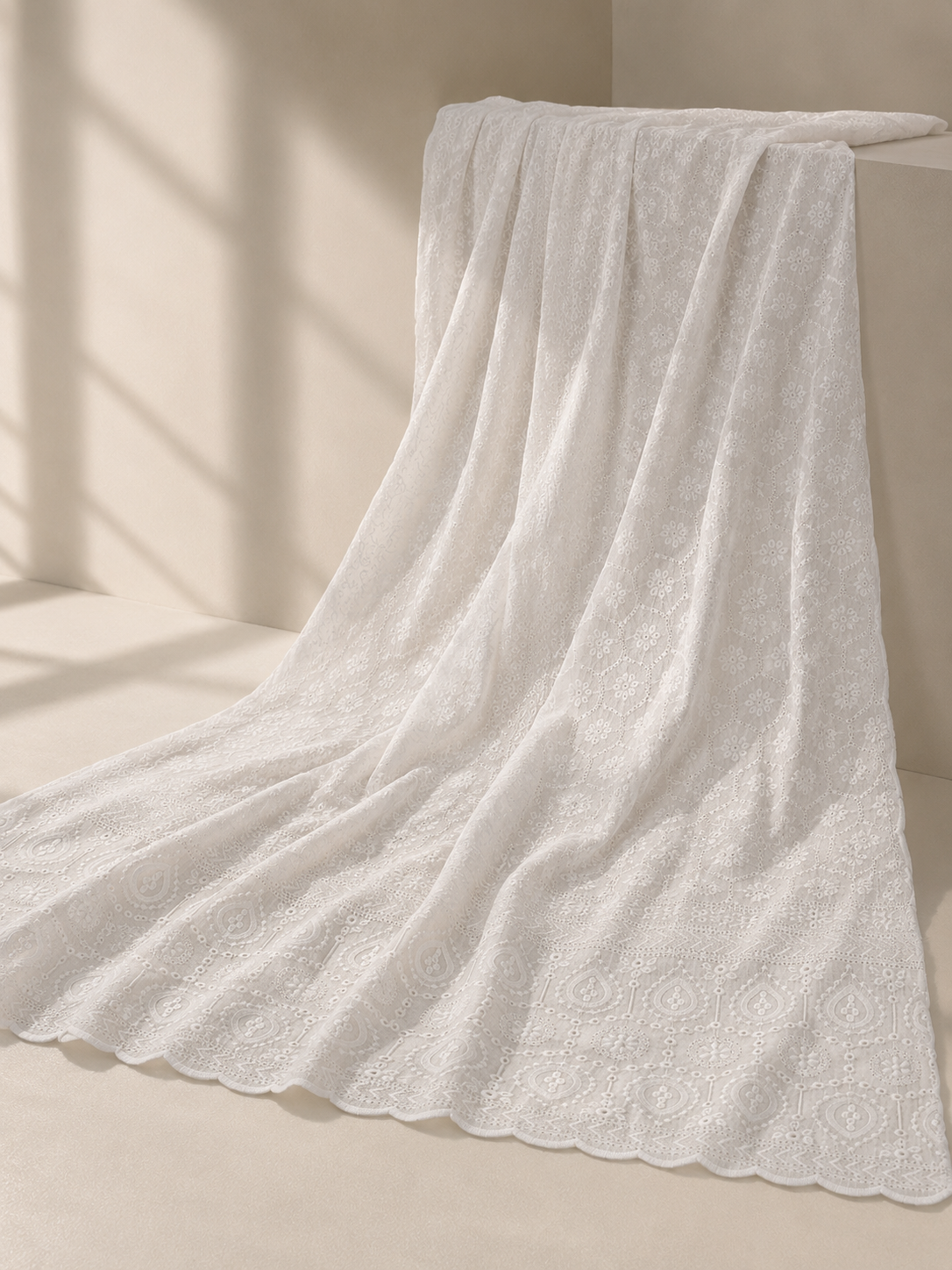 Blended Lucknawi Embroidery Fabric — White