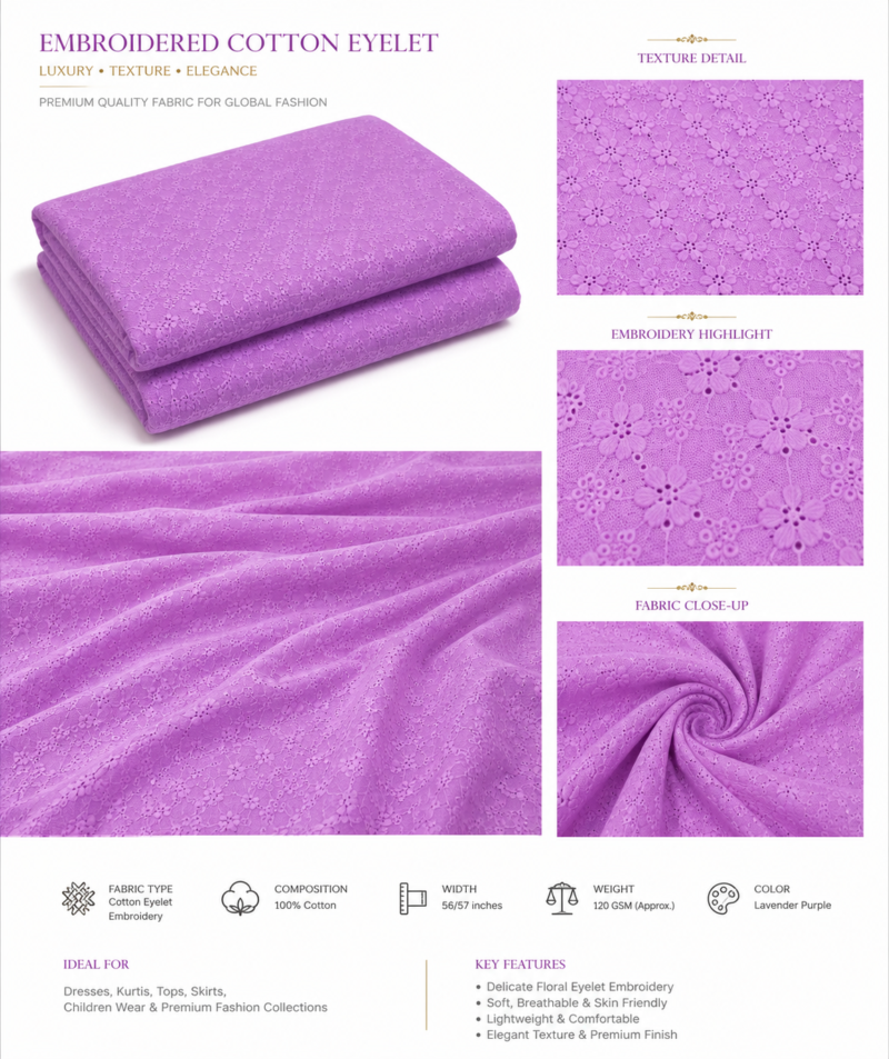 Cotton Pranjal Embroidered Fabric — Lavender
