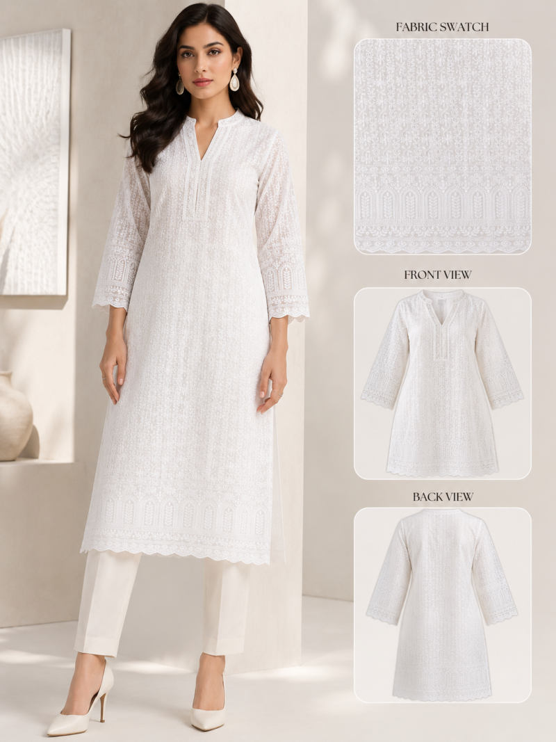 Blended Lucknawi Embroidery Fabric — White