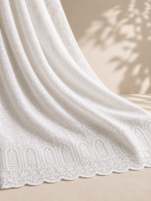Blended Lucknawi embroidery fabric-White