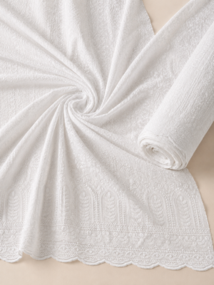 Blended Lucknawi embroidery fabric-White