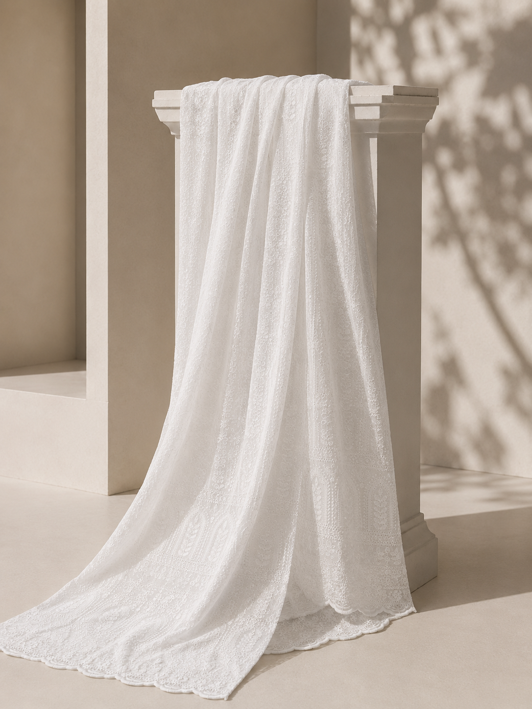 Blended Lucknawi Embroidery Fabric — White