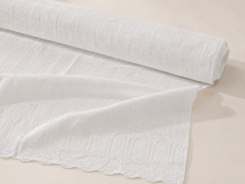 Blended Lucknawi Embroidery Fabric — White