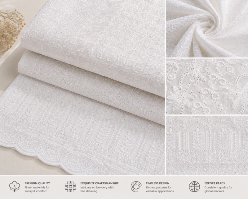 Blended Lucknawi Embroidery Fabric — White