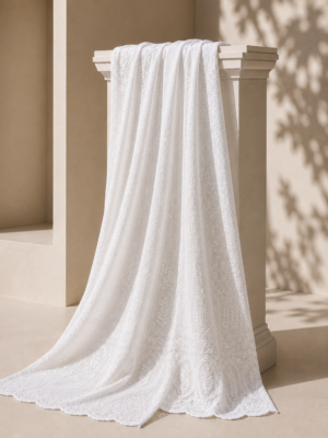Blended Lucknawi embroidery fabric-White