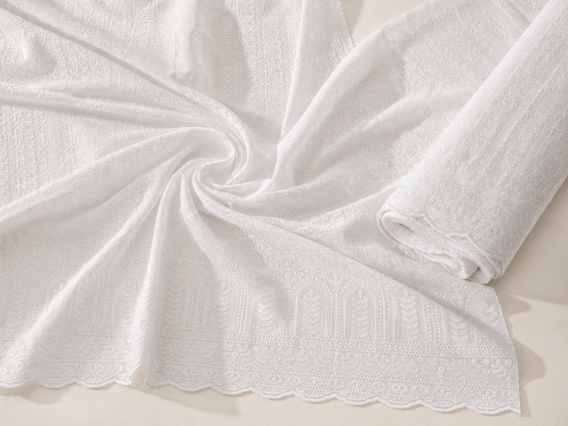 Blended Lucknawi Embroidery Fabric — White