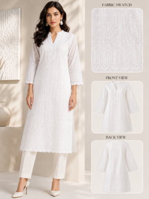 Blended Lucknawi embroidery fabric-White