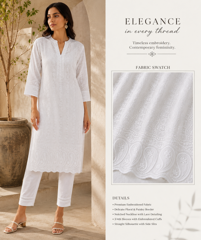Blended Lucknawi Embroidery Fabric — White