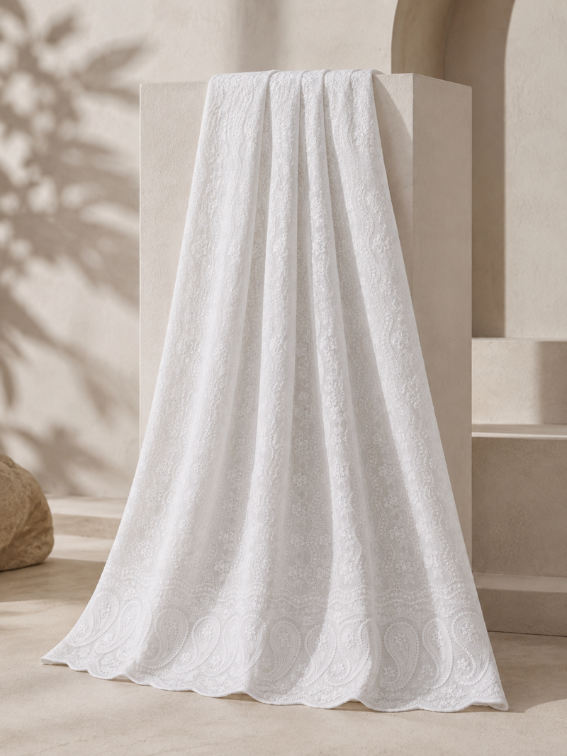 Blended Lucknawi Embroidery Fabric — White