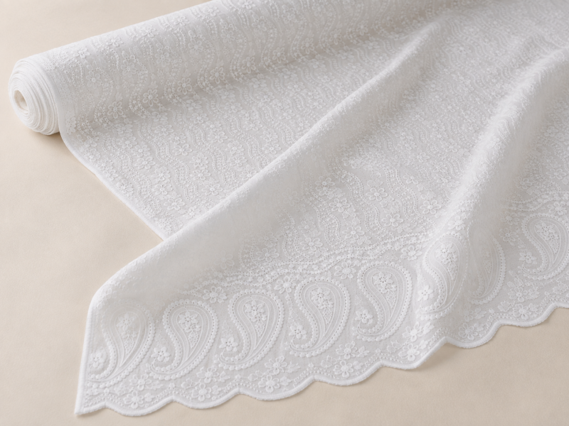 Blended Lucknawi Embroidery Fabric — White