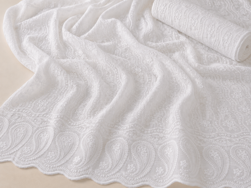Blended Lucknawi Embroidery Fabric — White