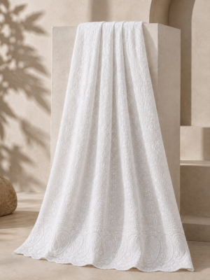 Blended Lucknawi embroidery fabric-White