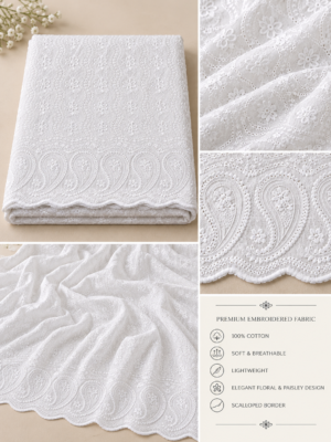 Blended Lucknawi embroidery fabric-White
