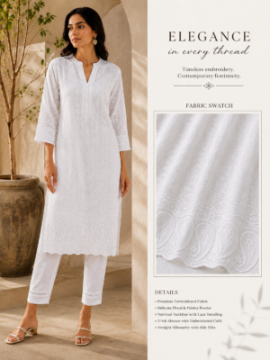 Blended Lucknawi embroidery fabric-White