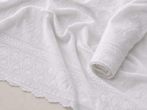 Blended Lucknawi embroidery fabric-White