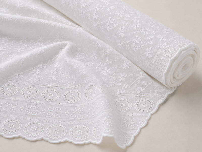 Blended Lucknawi Embroidery Fabric — White