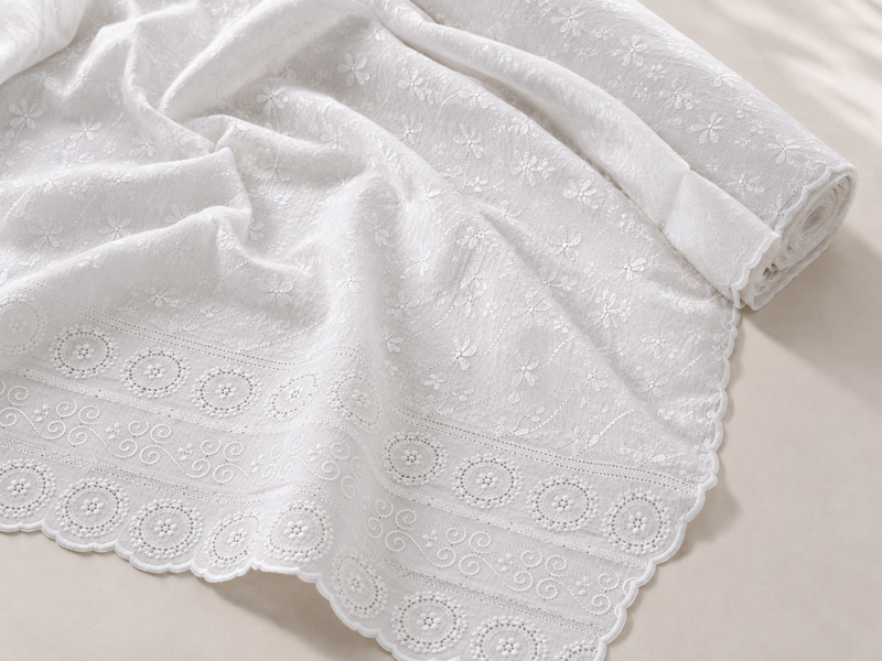 Blended Lucknawi Embroidery Fabric — White