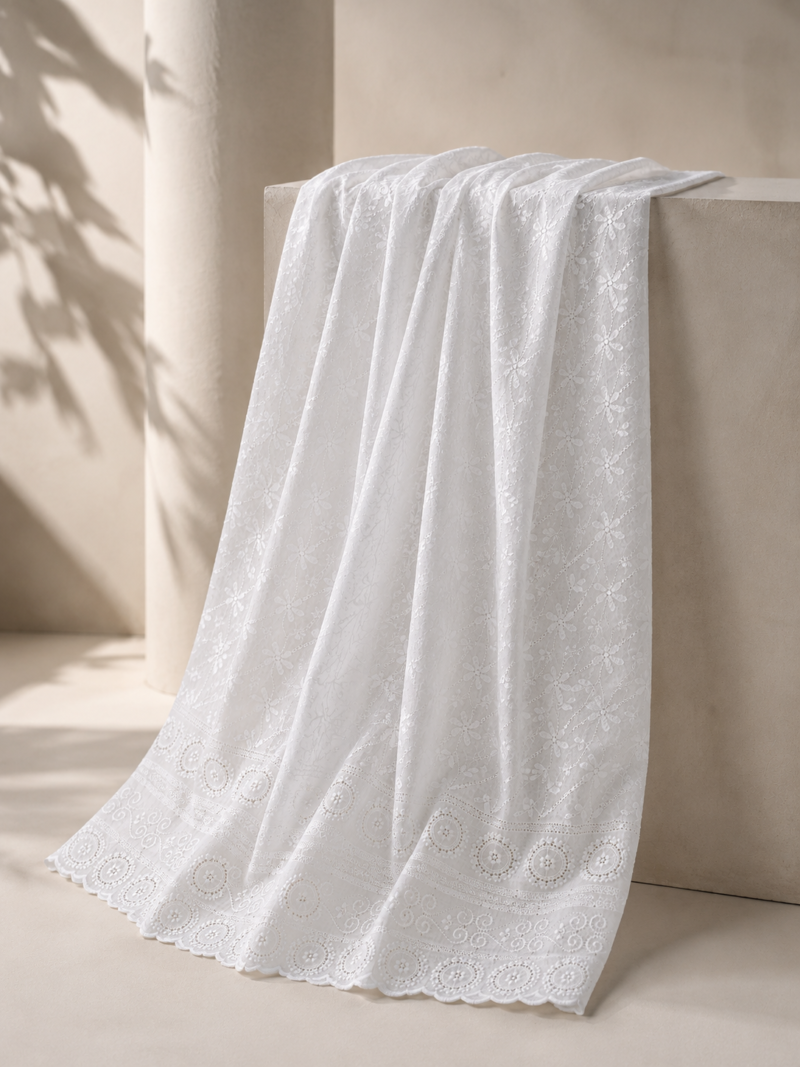 Blended Lucknawi Embroidery Fabric — White