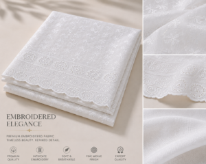Blended Lucknawi embroidery fabric-White