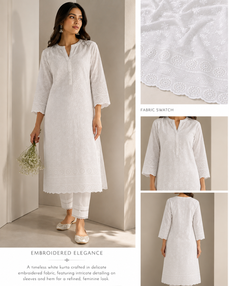Blended Lucknawi Embroidery Fabric — White