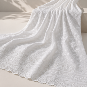 Blended Lucknawi embroidery fabric-White