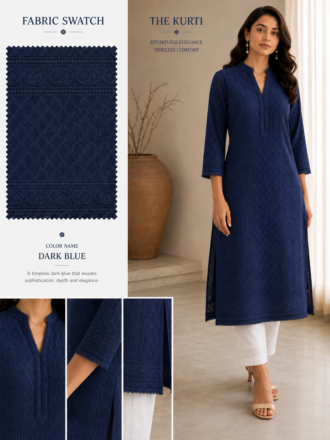 Premium Chikankari Georgette Fabric — Navy Blue - Image 2