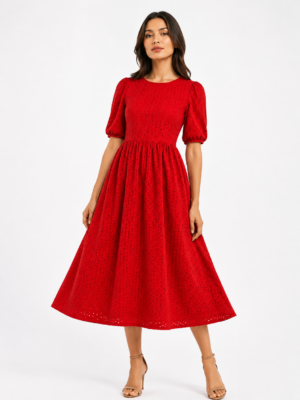 Cotton Six Star Embroidered Fabric-RED
