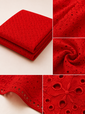 Cotton Six Star Embroidered Fabric-RED