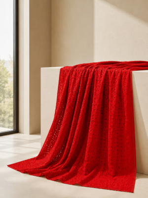 Cotton Six Star Embroidered Fabric-RED