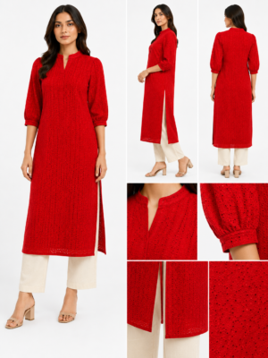 Cotton Six Star Embroidered Fabric-RED