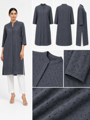 Cotton Six Star Embroidered Fabric-S  GREY