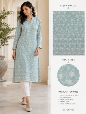 Cotton Lucknawi Embroidered Fabric — C GREEN