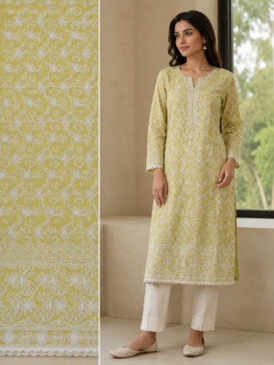 Cotton Lucknawi Embroidered Fabric — Lemon