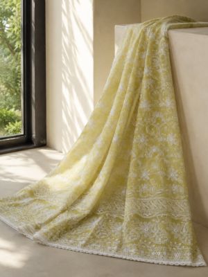 Cotton Lucknawi Embroidered Fabric — Lemon