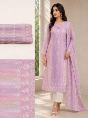 Cotton Mala Border Embroidered Fabric — PINK