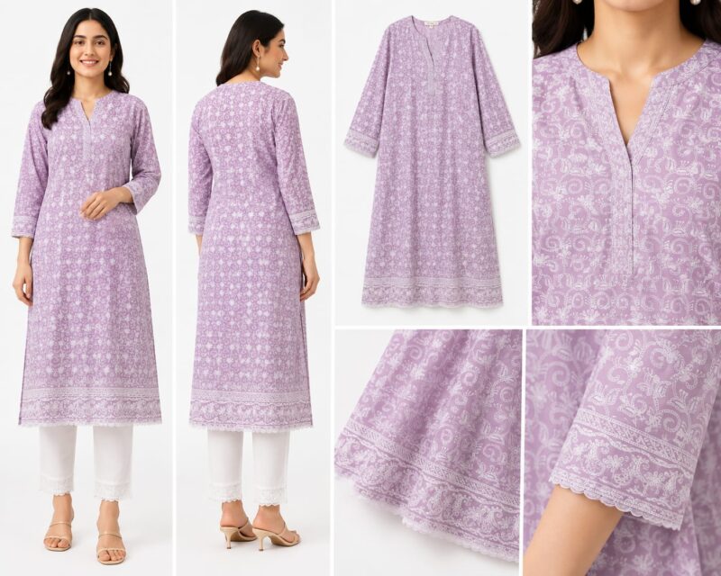 Cotton Lucknawi Embroidered Fabric — Lavender